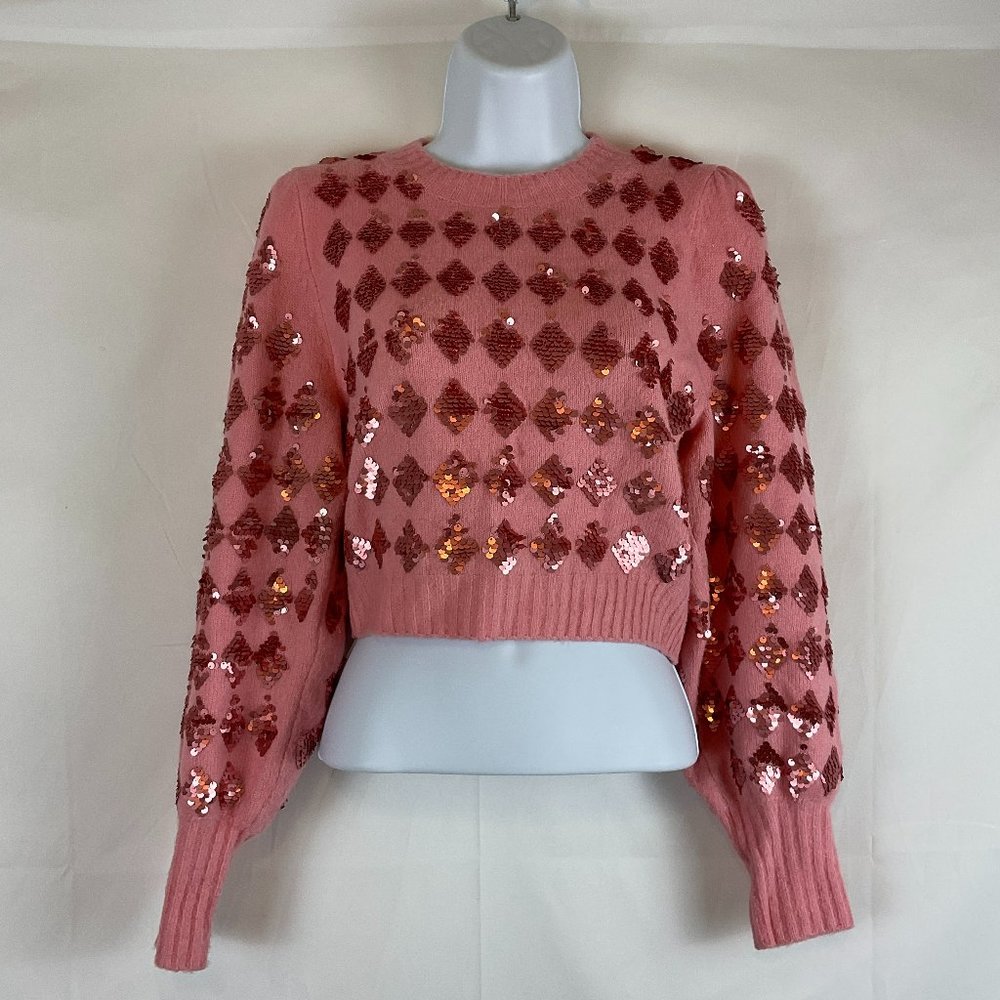 Boutique Brand Sequin Diamond Pattern Sweater Pink Long Sleeve Crew Neck